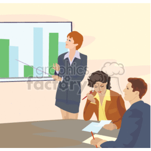 The clipart image depicts a business setting with three individuals. One of them, a woman, is standing and presenting with a pointer to a large chart showing bar graphs, which suggest a discussion about financial data or company performance. The other two individuals are seated at a table, appearing to be attentive to the presentation. One person is taking notes, further indicating a business meeting or a review of business-related statistics where analyses or decisions are likely being made based on the data presented.