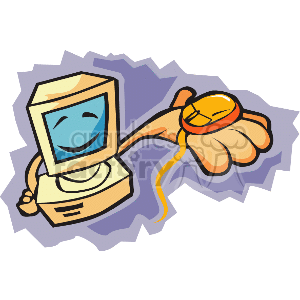 The image is a colorful clipart depicting a smiling computer monitor with a face on the screen, attached to a base, which represents the computer's tower or body. Attached to the computer is a mouse with a long cord, which has a friendly wave as if it's an appendage of the computer. The computer appears to be in a cheerful disposition, symbolizing user-friendly technology or possibly the joy of working with computers in a business environment. The background has a dynamic, jagged purple border, adding a sense of energy or motion to the image.