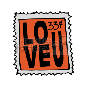 The image is a stylized representation of a postage stamp. It features a bold design with the word LOVE U prominently displayed in large letters. The background is orange. In the top right corner, the denomination of the stamp is indicated as 33¢, suggesting its value for mailing purposes. The stamp appears to have a perforated edge, mimicking the look of real postal stamps. This image could be used for various purposes, including Valentine's Day decorations, wedding invitations, or other romantic-themed designs where the symbol of love and postage are relevant.