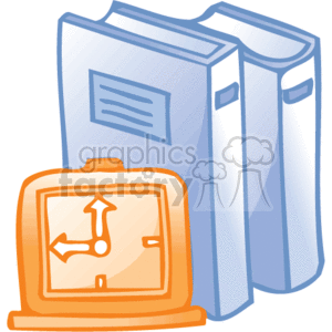 This clipart image features two upright standing books, which could symbolize reference or archival material, typically found in an office or library setting. In front of the books, there is an orange alarm clock, indicating the importance of time management or deadlines in a business or office context. The style is simple and clean, typical of clipart, making it suitable for use in various business-related documents or presentations to represent office supplies, time management, or the concept of work and planning.