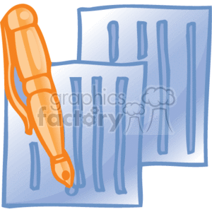 The clipart image shows a fountain pen in the process of writing on a set of documents or paperwork. There appear to be multiple sheets of paper with lines of text, suggesting some form of business or office work. This image encapsulates elements associated with business office supplies and document handling.