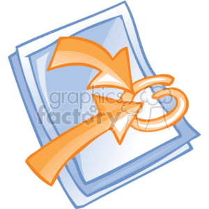 The clipart image shows a stylized representation of a stack of documents or papers, with a large, curly orange arrow pointing towards the top document. This could indicate the action of signing a document or drawing attention to a specific place on the papers where a signature or some kind of action is required, often seen in the context of contracts or important paperwork. The design is simplified and indicative of business or office work related to documents and agreements.