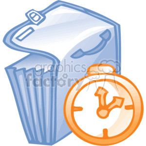 The clipart image depicts business-related items including a stack of files or documents, part of which is contained in a file folder, and a classic pocket watch or stopwatch. This image represents concepts of business, office work, organization, time management, and scheduling. The items suggest a focus on productivity and efficiency in a professional setting.