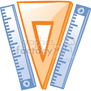 The image is a clipart depicting a set of drafting tools commonly used for technical drawing or geometry. These tools include two types of rulers and a triangular set square or triangle. They appear to be made out of clear or transparent plastic, a common material for such drafting instruments, and have measurement markings along their edges. The rulers have both straight edges and holes for hanging or holding, and the set square has a protractor center for angle measurements. This set of tools suggests an academic, architectural, or engineering context.