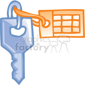 The clipart image shows a single key attached to a key tag. The key is metallic and has an indented pattern on it, which is typical for a physical key used to unlock things like doors or cars. The key tag attached to it could be a label telling you what the key is for. This image symbolizes items commonly associated with access, security, as well as business and work, where keys represent access to assets like offices or company vehicles, and the tag could relate to organization or scheduling.