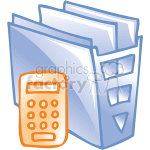 This clipart image features office supplies, specifically a group of folders and a calculator. The folders likely represent files or documents, suggesting an environment of paperwork and business activities. The calculator is a common tool used for various calculations in a business setting.