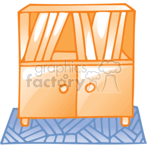 This is a clipart image of a basic wooden bookshelf with two shelves above and a closed cabinet section below with two knobs. The shelves seem to be holding books, and it’s standing on a surface that could represent a carpet or mat. This bookshelf might typically be found in a business office environment, as it is a common furniture piece for organizing and storing office supplies, books, and other work-related items.