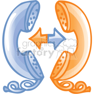 The image is a stylized representation of two traditional telephone handsets facing each other with arrows in between, indicating a phone conversation or a verbal communication exchange. The clipart uses a blue and orange color palette, and the handsets seem to be slightly curved, giving the image a dynamic and modern feel. It symbolizes business communication, agreements made over the phone, or general voice-based interaction, which are common elements of an office or business setting.