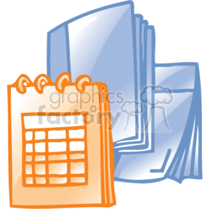 This clipart image features office supplies related to scheduling and document organization. There is a notepad or tear-off calendar in the foreground with a grid that suggests a schedule or calendar month. Behind it, there are several folders or file folders typically used for organizing documents or papers. The colors are stylized with shades of blue and orange.