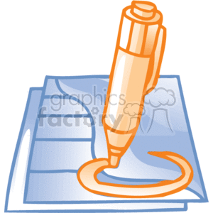 The clipart image shows a stack of papers, likely representing documents or contracts, with a pen on top of them. The pen appears to be in the motion of signing or has just completed a signature, suggested by the curvy line underneath it which represents writing or a signature. The image conveys the concept of signing documents, which is a common task in business and office settings for formalizing agreements, contracts, or other paperwork. 