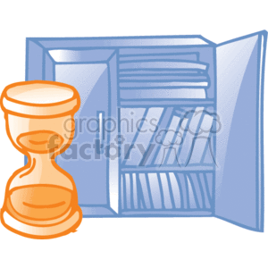 This image is of an hourglass in the foreground which typically represents the passage of time. Behind the hourglass is an open cabinet, more specifically a bookshelf that is filled with books, suggesting an office or study environment. The imagery symbolizes concepts related to business, office supplies, time management, or academic work.