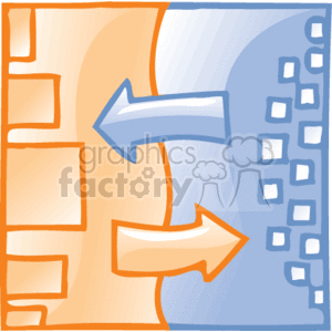 This clipart image abstractly represents data transfer between two documents or files. The left side of the image shows a document with orange rectangles symbolizing text or data. On the right side, there is another document with a series of blue squares arranged in a column, again suggesting text or data blocks. Two arrows, one blue pointing to the right and one orange pointing to the left, are in the center, depicting the exchange or transfer of information between these two documents. The image conveys concepts like data sharing, document synchronization, or data processing, which are common in business and office work environments.