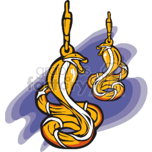 This image shows a pair of gold, Egyptian-style cobra earrings. They are dangly earrings designed in the shape of a cobra snake with a stylized appearance.