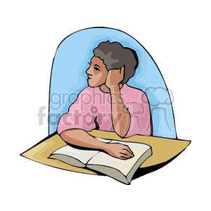 Cartoon student sitting with an open book listening