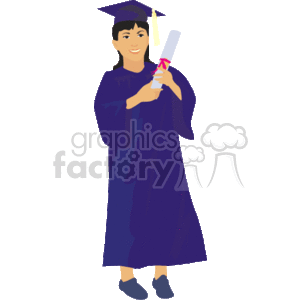 This clipart image depicts a smiling graduate wearing a blue cap and gown, holding a diploma tied with a red ribbon. The graduate appears happy and proud, celebrating an educational achievement.