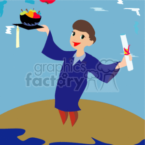 This clipart image shows a character in a blue graduation cap and gown, standing on top of the Earth. The character is holding a diploma in one hand and a few apples in a graduation cap, symbolizing knowledge or teaching, in the other. The background of the image is a blue sky with white cloud outlines. The overall theme suggests a celebration of educational achievement on a global scale.