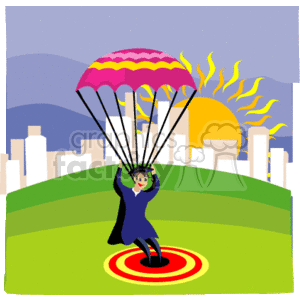 The clipart image features a graduate descending with a parachute against a backdrop of a city skyline and the sun. The graduate is wearing a green cap and gown and is holding onto the parachute strings with a happy expression on their face. They are landing right on a target spot on the ground, which is situated on a grassy hill. The overall theme suggests the successful completion of an educational journey and the bright start of a new chapter, possibly in the 'real world' outside of academia.