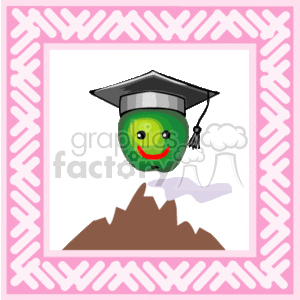 This clipart image features a smiling green character wearing a graduation cap on its head, set against a background that includes a mountain peeking through a gap in the foreground, which gives off the impression that the character is standing on top of a mountain peak. The entire image is framed by a pink border with a patterned design.