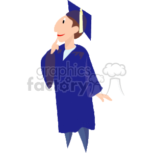 The clipart image depicts a cartoon figure wearing a blue graduation gown and cap, often referred to as academic dress or regalia. The character appears to be a graduate and is shown in a pondering pose, with one hand to their chin, suggesting contemplation or a moment of reflection.