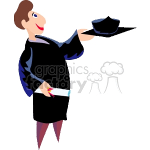 This clipart image features a cartoon of a graduate holding a graduation hat (mortarboard) in one hand and a diploma in the other. The graduate is depicted wearing a graduation gown and smiling, conveying a sense of accomplishment and happiness associated with graduation ceremonies.
