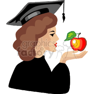 The image features a profile view of a woman wearing a graduation cap, also known ubiquitously as a mortarboard. She is holding an apple in one hand, which prominently sits on her open palm. The woman appears to be looking at the apple. The image uses simple shading to give a sense of dimensionality, and the style is that of a vector illustration, commonly used in clipart.