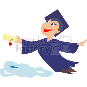 The image is a clipart illustration of a person celebrating graduation. The figure is wearing a traditional graduation cap (mortarboard) and gown, depicted mid-jump with a diploma in hand, which symbolizes the completion of an academic degree. The character is smiling, which conveys a sense of joy and accomplishment. There are also stylized clouds near the feet of the graduate, indicating they are 'on cloud nine' or feeling elated.