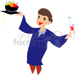 The clipart image depicts a stylized character wearing a graduation gown and cap, happily holding a diploma in one hand and a graduation cap filled with various fruits in the other hand as if representing an abundance of knowledge or achievements gained through education.
