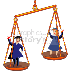 The clipart image depicts a stylized balance scale with two graduating students, one on each side of the scale. Each student is wearing a graduation cap and gown, and they are both holding diplomas. The scale appears to be balanced, suggesting equality or achievement in education.