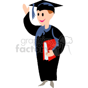 This is a clipart image of a person in graduation attire. The person is wearing a black graduation gown, a blue graduation cap (mortarboard) with a tassel, and is holding a red book.