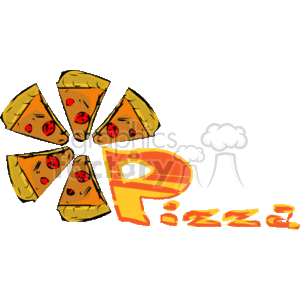 The image features illustrated pizza slices arranged in a circular pattern with the top pointing outwards, resembling a sun shape. The pizza slices have a golden-brown crust and are topped with what appears to be cheese and red pepperoni pieces. Behind the slices, the word Pizza! is written with the letter 'P' being significantly larger and stylized, and the rest of the letters trailing off to the right.