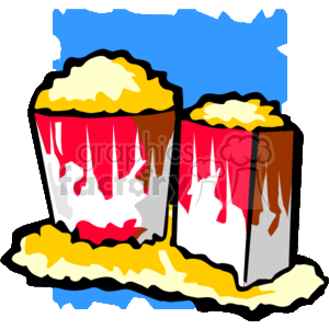 The clipart image depicts two containers of popcorn with some pieces of popcorn spilled around them. The containers are red with what seems like a white and brown design, possibly suggesting they are movie theater-style popcorn boxes.