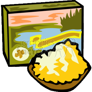 This clipart image features a bowl of yellow popcorn with a multi-colored popcorn box in the background. The popcorn box and bowl have a stylized, cartoonish design.