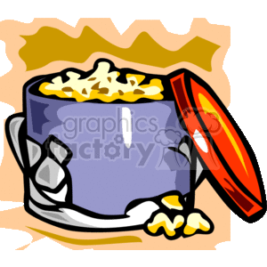 The clipart image shows a full pot of popcorn with its lid tilted to the side. Some popcorn pieces are spilled around the base of the pot, suggesting that it's freshly popped and overflowing. The pot appears to be a traditional stovetop popcorn popper.