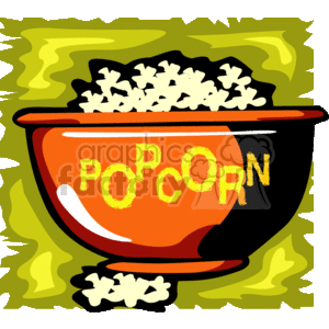 This clipart image depicts a bowl of popcorn. The bowl is orange with the word POPCORN written on it in yellow, and it is filled to the brim with fluffy white popcorn. The background has a green and yellow design that does not represent anything specific, likely meant to accentuate the subject.
