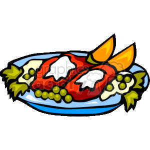 This clipart image depicts a colorful vegetable salad containing red tomato slices, green peas, and yellow carrot slices, all served in a blue-rimmed dish. The salad items are adorned with green lettuce leaves and have dollops of white dressing on top.