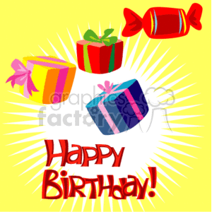 The clipart image features a vibrant celebration theme with three colorful gift boxes, one topped with a green bow, the other with a purple bow, and a bright red candy-shaped item, possibly a sweet or a decorative element. In the center, there's a radiating white burst pattern which highlights the bold text Happy Birthday! written in red and orange colors, indicating a joyful birthday greeting.