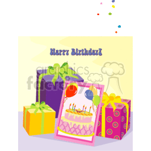 The clipart image depicts a festive birthday scene with a variety of wrapped gifts in bright colors, each adorned with a bow. At the center of the image is a birthday card featuring an illustrated cake with candles and balloons, suggesting a celebration. The background includes a banner with the phrase Happy Birthday and confetti falling from above, adding to the joyful atmosphere.
