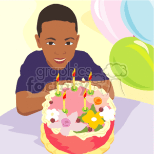 The clipart image features a young boy with a birthday cake in front of him. The cake has candles lit on top, ready to be blown out. There are also colorful balloons in the background, which suggest a festive, celebratory atmosphere often associated with birthdays or parties.