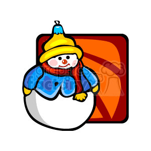 The image is a clipart illustration of a snowman Christmas ornament. It features a cute snowman with a red scarf, yellow hat, and blue mittens with a traditional carrot nose, set against a warm-colored backdrop.