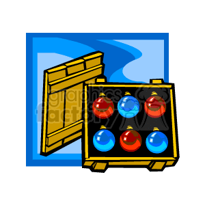 This clipart image features a yellow crate, opened to display red and blue Christmas ornaments. The ornaments are arranged neatly in a black case with sections, highlighting a festive holiday decoration theme.