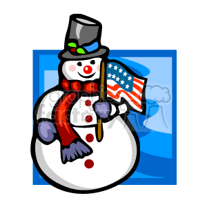 The clipart image features a cheerful snowman decorated for the Christmas holidays. The snowman is adorned with a classic top hat, a colorful scarf, and is holding an American flag. It appears to be set against a simple blue background.