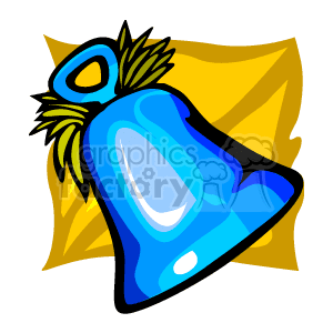 The clipart image displays a stylized blue Christmas bell with a yellow background that could represent radiance or light. The bell appears to have a glossy finish with a few highlights indicating shine, and it includes details like a small pine branch with needles at the top where the bell would traditionally have a clapper attachment.