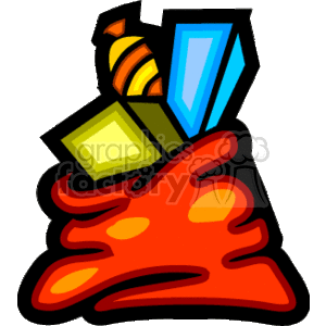 The clipart image shows a red sack overflowing with colorful gifts or presents. These are stylized representations often associated with holiday or Christmas themes.