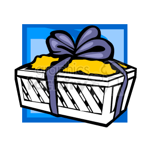 This is an image of a gift box with a large decorative bow on top. The box has distinctive stripes, and it's tied with a ribbon. The background is a plain blue square.