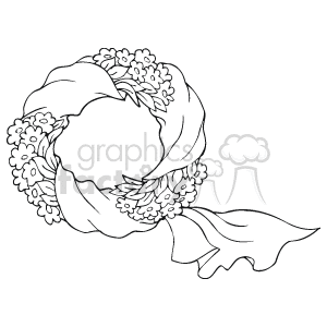 The image depicts a clipart of a Christmas wreath. The wreath appears to be adorned with flowers and leaves, with a ribbon integrated into the design. The clipart is in black and white, indicating it might be suitable for coloring or as a template for various arts and crafts projects for the holiday season.