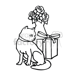 The clipart image features a cat sitting next to a gift or present that is tied with a ribbon. There are also flowers arranged in a bouquet above the gift. The elements suggest a festive or celebratory occasion.