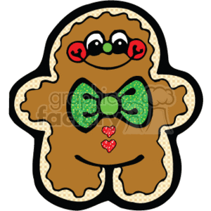 The image depicts a country-style Christmas gingerbread cookie man. This gingerbread man appears happy and is decorated with a green bow tie, red and white icing to create facial features, and heart-shaped buttons. The illustration embodies a cheerful, holiday theme, often associated with festive Christmas celebrations.