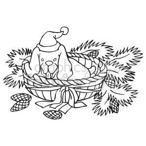 The clipart image features a puppy wearing a Santa hat and sitting inside a basket. Around the basket, there are pine tree branches and pine cones scattered. The image conveys a Christmas or holiday theme.