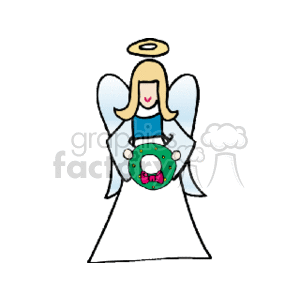 The image is a simple cartoon clipart of an angel holding a Christmas wreath. The angel is depicted in a white robe with wings and a halo, and the wreath is adorned with what appears to be holly berries and a bow.