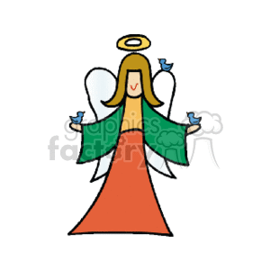 The image shows a stylized angel as part of a Christmas theme. The angel is depicted with long, orange or red hair, wearing a red dress with green sleeves, and has white wings. Above the angel's head is a golden halo, and three little blue birds are present, one in each hand of the angel, and one on its wing